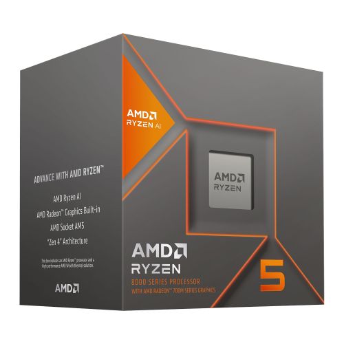 AMD Ryzen 5 8600G with Wraith Stealth Cooler, AM5, Up to 5.0GHz, 6-Core, 65W, 22MB Cache, 4nm, 8th Gen, Radeon Graphics AMD Ryzen 5 8600G with Wraith Stealth Cooler, AM5, Up to 5.0GHz, 6-Core, 65W, 22MB Cache, 4nm, 8th Gen, Radeon Graphics